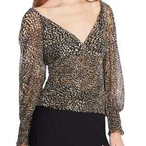 Steve Madden Shannon Chiffon Smocked‎ Blouse Long Sleeve Black Womens Size M NWT
